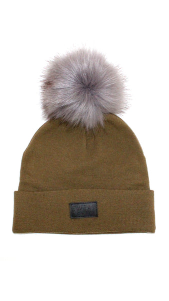 Fur Pom Beanie Hat - Army Green