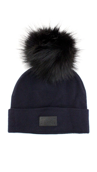 Fur Pom Beanie Hat - Midnight